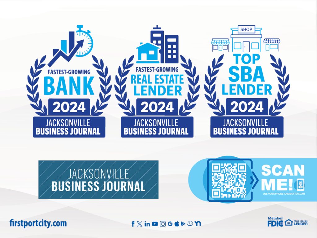 First Port City Bank recognized by the Jacksonville Business Journal as one of North Florida’s Fastest Growing Banks, a Top SBA Lender, and a Fastest Growing Real Estate Lender